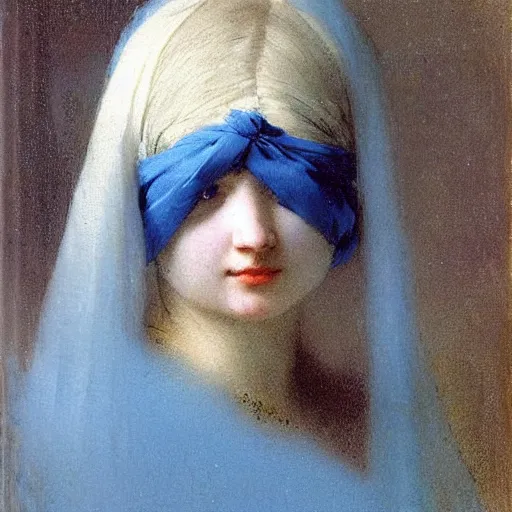 Image similar to a young woman’s face, her hair is white, her eyes are covered with a flowing blue satin blindfold, by ivan aivazovsky and alma tadema and and willen claesz heda and aelbert cuyp and gerard ter borch