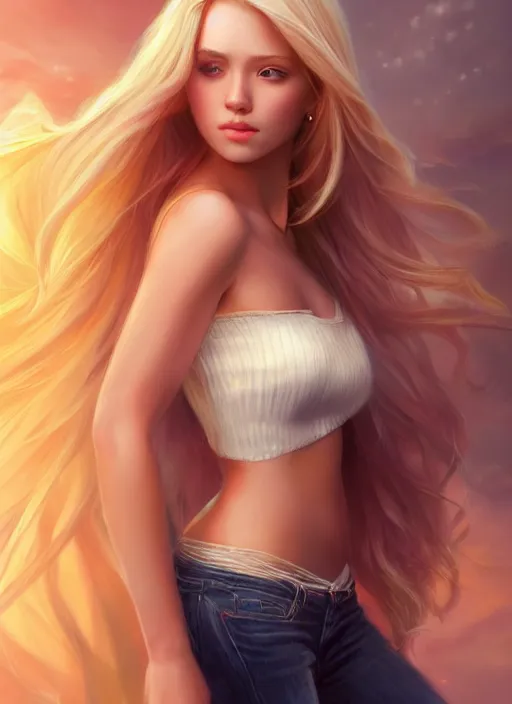 Image similar to picture of a gorgeous female with long blonde hair in the style of stefan kostic, realistic, full body shot, wide angle, sharp focus, 8 k high definition, insanely detailed, intricate, elegant, art by stanley lau and artgerm, floating embers