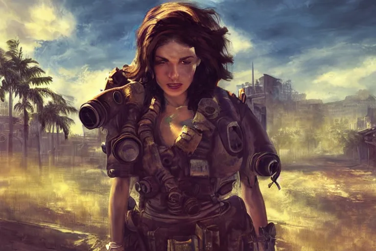 Image similar to fallout 5, charismatic beautiful rugged brunette female protagonist, portrait, outdoors tropical cityscape, atmospheric lighting, painted, intricate, volumetric lighting, beautiful, daytime, sunny weather, few clouds, sharp focus, deep colours, ultra detailed, art by william turner