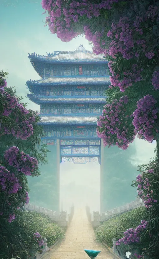 Image similar to vanishing point, palace covered with aqua blue roses like the forbidden city in distance at the red rose royal manor, viewed from afar, stephen bliss, misty, unreal engine, fantasy art by greg rutkowski, loish, ferdinand knab, and lois van rossdraws,, global illumination, radiant light, minimalist, detailed and intricate environment