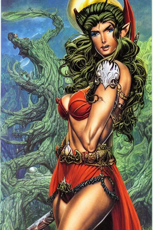 Prompt: A beautiful Elf woman by larry Elmore, Jeff easley and Frank Frazetta, and Boris Valejo