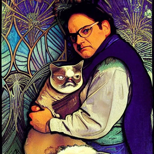 Prompt: “ portrait of george costanza from seinfeld holding grumpy cat, art nouveau, summer of george, by alphonse mucha ”