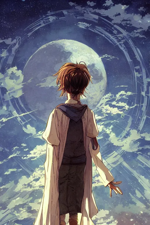 Image similar to a full moon containing the glimmering stairways to otherworldly galaxies, high intricate details, rule of thirds, golden ratio, cinematic light, anime style, graphic novel by fiona staples and dustin nguyen, by beaststars and orange, peter elson, alan bean, studio ghibli, makoto shinkai