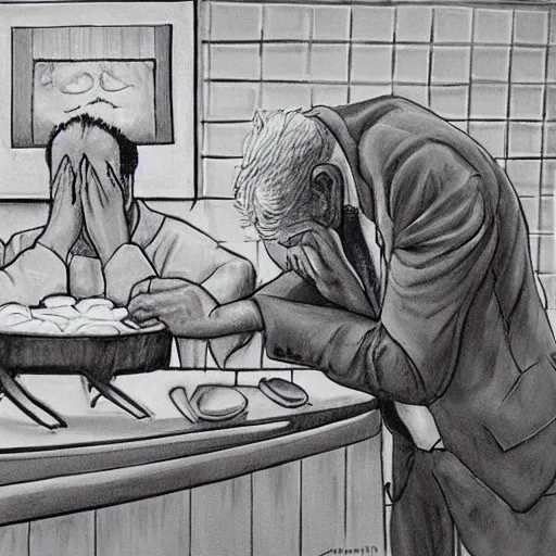 Image similar to a tall man crying at an all you can eat buffet, high detail, hyper realism