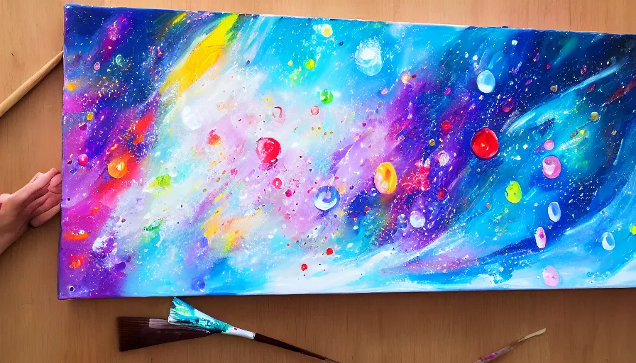 Prompt: painting space on canvas, watedrops, water droplets, acrylic painting, acrylic pouring, painting, influencer, artstation - h 8 0 0