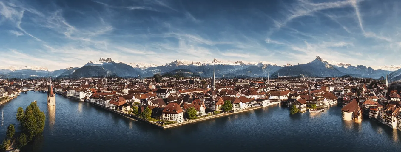 Image similar to Photo of Zurich, looking down the river at the lake and the alps, Hardturm, Grossmünster, wide angle, volumetric light, hyperdetailed, mountain water, artstation, cgsociety, 8k