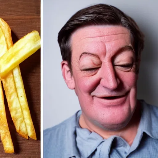 Image similar to photo of [ a single french fry chip ] shaped mixed into stephen fry hybrid intercross mix