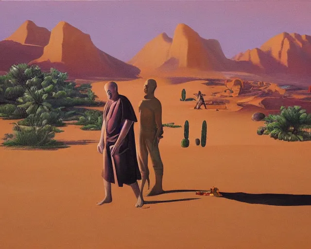 Prompt: a surreal painting of a man meeting giant buddahs eyes in the desert