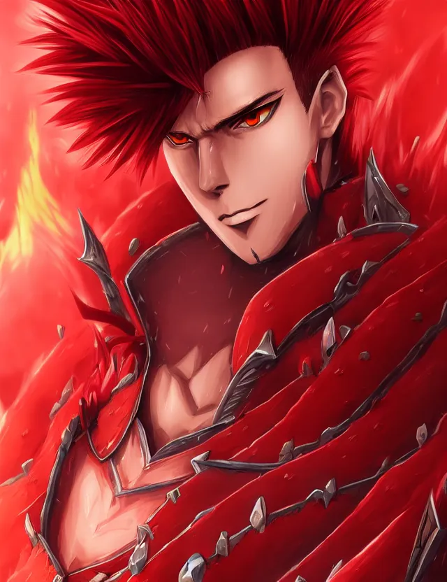 Image similar to a detailed manga portrait of a handsome tall man with spiked crimson hair in fiery crimson crystalline armour, trending on artstation, digital art, 4 k resolution, detailed, high quality, sharp focus, hq artwork, coherent, insane detail, character portrait