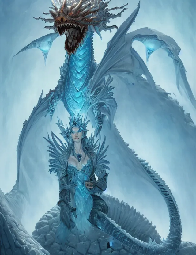 Image similar to portrait of the ice dragon queen, greg rutkowski, greg tacchini, james willard, joe fenton, kete butcher, dynamic lighting, gradient light blue, brown, light cream and white colors, oil aesthetics