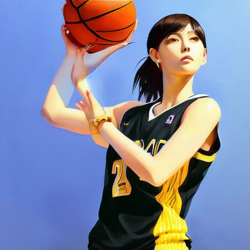 Image similar to A ultradetailed beautiful panting of a stylish girl wearing a basketball jersey, she is holding a basketball, Oil painting, by Ilya Kuvshinov, Greg Rutkowski and Makoto Shinkai