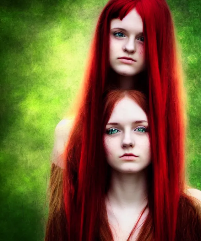 Image similar to Fae teenage girl, portrait, face, long red hair, green highlights, fantasy