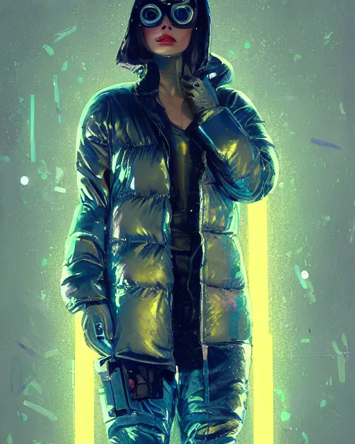 Image similar to neon operator margot robbie, cyberpunk futuristic neon, reflective puffy coat, decorated with traditional japanese ornaments by ismail inceoglu dragan bibin hans thoma greg rutkowski alexandros pyromallis nekro rene maritte illustrated, perfect face, fine details, realistic shaded, fine - face, pretty face