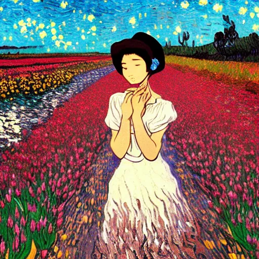 Image similar to beautiful dark skin mexican woman, dancing in a field of tulips and baby's breath, prominent, rosy cheek bones, black hair and brown eyes, van gogh art style, art by hayao miyazaki, makoto shinkai