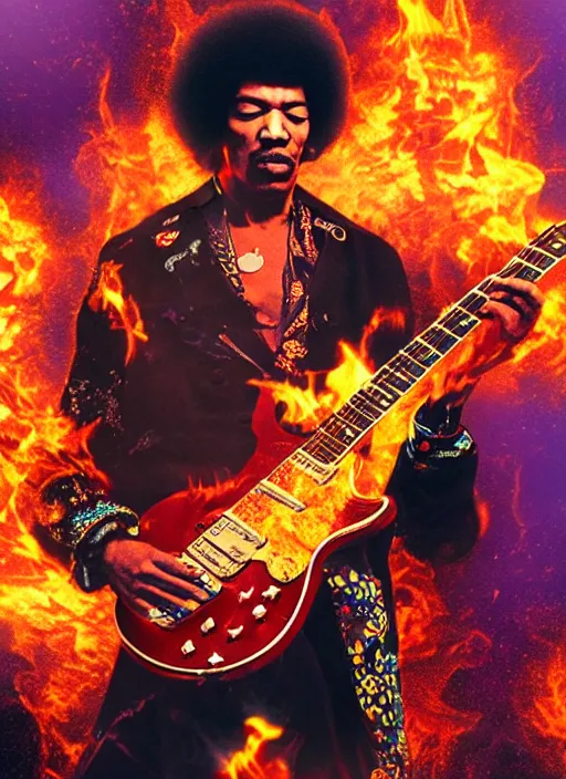 Image similar to jimi hendrix setting his guitar on fire on stage, photorealistic, 8 k resolution, octane render