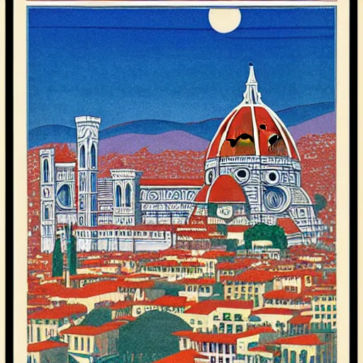 Prompt: resplendent art deco print of Florence, Italy by Hasui Kawase and Lyonel Feininger