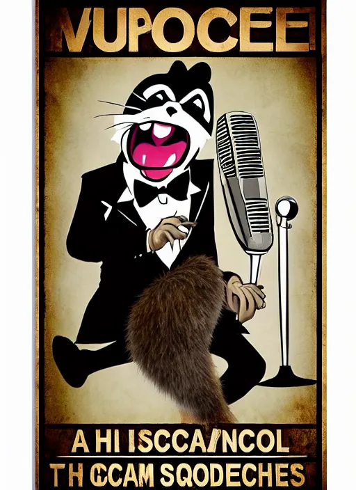 Image similar to A racoon screaming wearing a tuxedo, screaming into an oldschool microphone. Poster