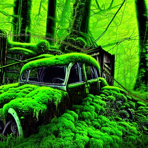 Image similar to an old forgotten junk yard in the forest, with moss and ivy, detailed, realistic digital art,