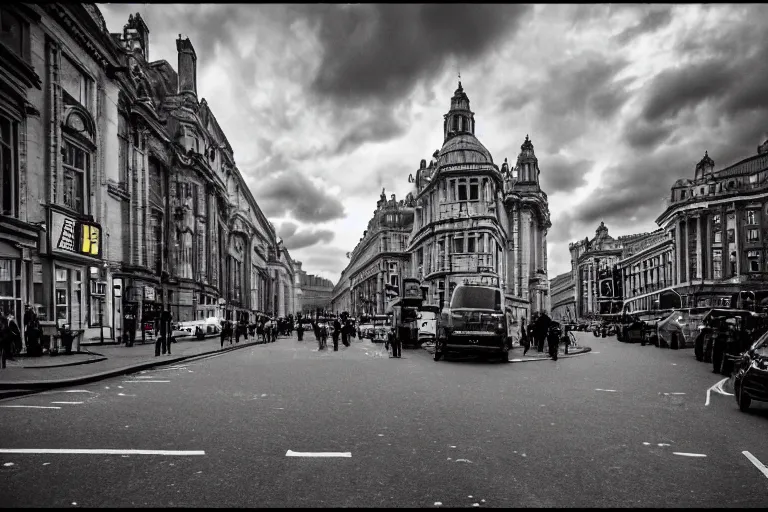 Prompt: london street invade by a lovecraftian monster in the sky, photo wide shot 3 5 mm