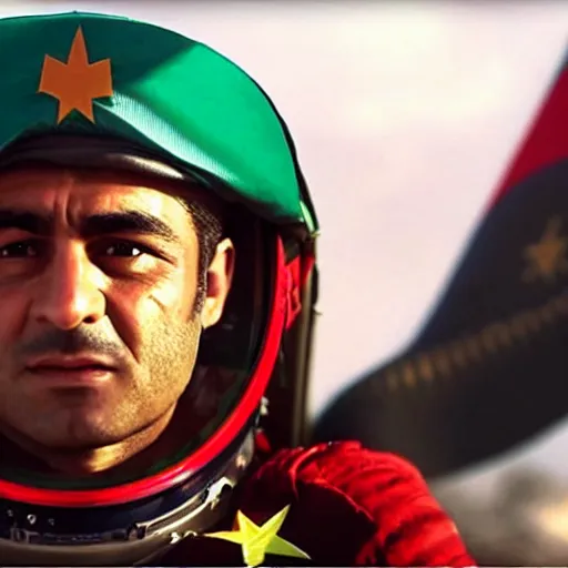 Image similar to close - up of a kurdish astronaut wearing a kurdistan flag badge in a movie directed by christopher nolan, movie still frame, promotional image, imax 7 0 mm footage