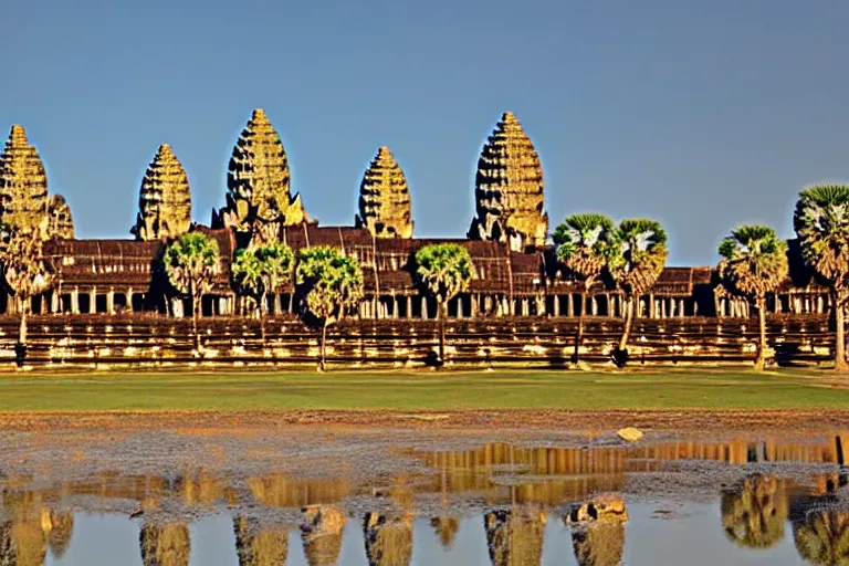 Image similar to Angkor Wat in 1253 covered in white marble and gold, surrounded by a large village, full of people, colorized historical grainy photograph, highly detailed, historically accurate