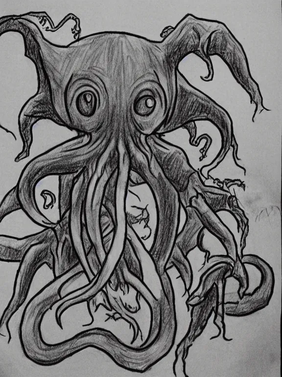 Prompt: 6 year old children's drawing of his first encounter with cthulhu