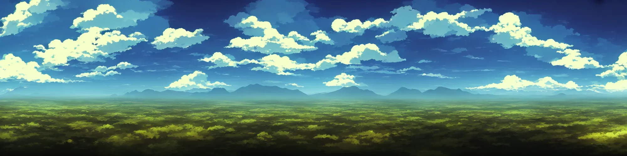 Image similar to panorama view of the sky. matte painting, anime, studio ghibli. professional digital painting, artstation, concept art, smooth, beautiful, cinematic. no mountains and trees.