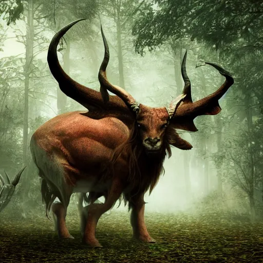 Prompt: Gigantic creature with horns standing in the forest between trees, realistic