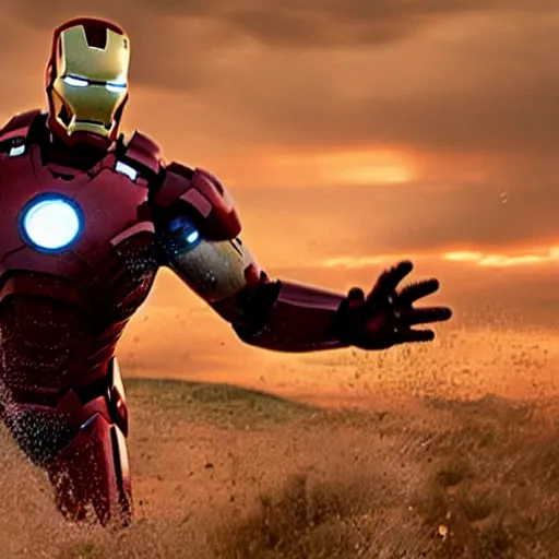 Prompt: an film still of ironman stopping giant rusty ball hit the earth, cinematic, heroic scene