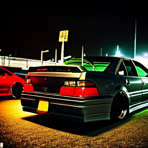 Prompt: a car JZX100 twin turbo at illegal car meet, Chiba prefecture, city midnight mist lights, photorealistic, highly detailed, 50MM