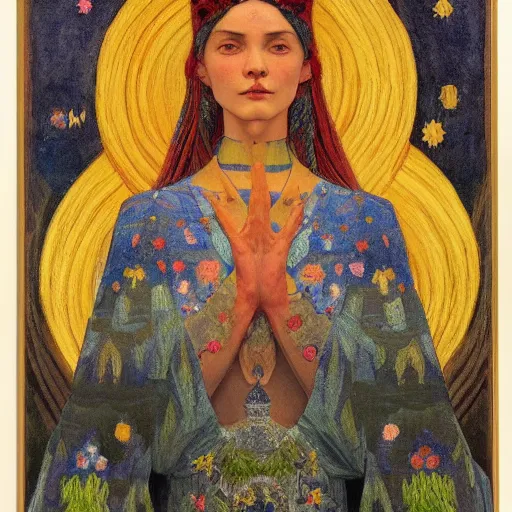 Image similar to the night crown, by Annie Swynnerton and Nicholas Roerich and Diego Rivera, embroidered robes, starry tattoos, elaborate costume, geometric ornament, symbolist, soft colors, dramatic lighting, smooth, sharp focus, extremely detailed