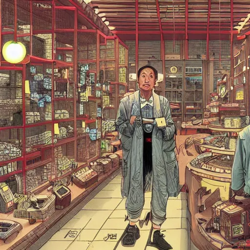 Prompt: japanese merchant in their shop, Industrial Scifi, detailed illustration, character design, by Martin Grip and Moebius