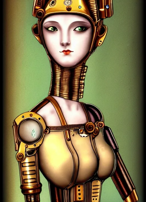 Prompt: image of beautyful female android steampunk by giotto,
