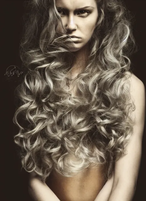 Image similar to dramatic photo of a woman with super wavy snake marble hair. moody and melanchonic. with a bit of gold