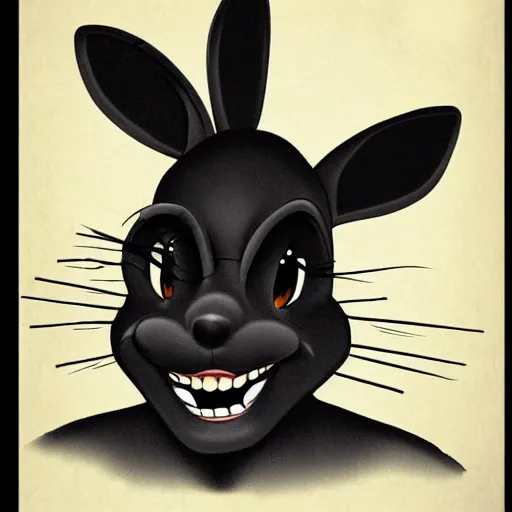 Prompt: A extremely highly detailed majestic hi-res beautiful, highly detailed head and shoulders portrait of a scary terrifying, horrifying, creepy black cartoon rabbit with scary big eyes, earing a shirt laughing, let's be friends, in the style of Walt Disney