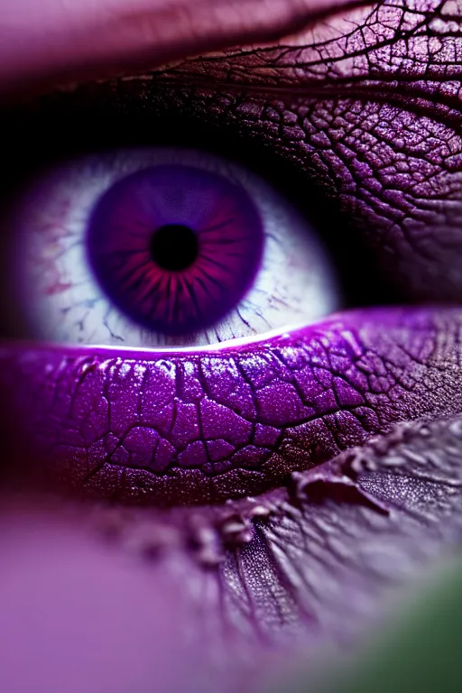 Prompt: macro photography of a hyper realistic eye. shades of purple in the iris with a forest reflected in it. epic scale, insanely complex, hyperdetailed, sharp focus, hyper realism, artstation, cgsociety, 8 k, bright colors, by takato yamamoto, unreal engine 5