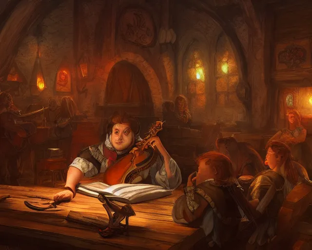 Image similar to a bard playing a lute in a full tavern, color dnd illustration, in the style of Marc Simonetti and James Gurney, trending on artstation, wide angle, cinematic lightning