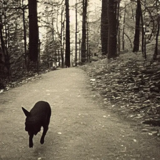 Image similar to dog looking at camera in les vosges forest at night, far away from camera, 70s photo, out of focus, motion blur, cctv footage