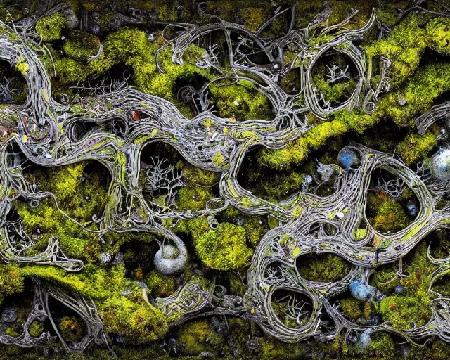 Image similar to panoramic view, superintelligent ecological matrix of moss and lichen dotted biomechanical trees growing on junkyard heaps of electronics and automobiles among puddles of glistening oil, artists bev doolittle and philippe caza, high contrast cinematic light, mystical shadows, sharp focus, octane render, three dimensional autostereogram optical illusion, repeating patterns, symmetrical seamless tile