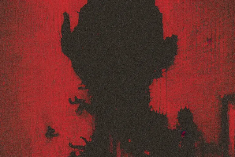 Image similar to cctv of an extremely dark empty room with evil horror humanoid cryptid monster made out of static, dark deep black shadows, crimson red and black color contrast in the style of trevor henderson and james ensor goya, liminal space, 3 d render, glitch effect