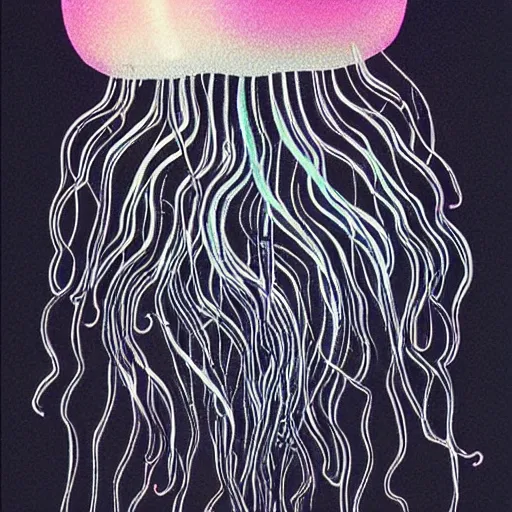 Image similar to The Omnious Black Jellyfish, painting by Chiho Aoshima, Yoshitomo Nara, Huang Yuxing and Aya Takano , Superflat art movement, chibi, , very ethereal, , oil inks, very ethereal, silver light, nacre colors