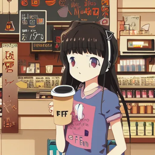 Prompt: a lofi aesthetic anime about a girl who works in a coffee shop, anime key visual