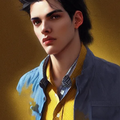 Image similar to ultra realistic illustration, a young man with black hair, in a checkered yellow shirt, with blue eyes, highly detailed, digital painting, artstation, concept art, smooth, sharp focus, illustration, art by artgerm and greg rutkowski and alphonse mucha