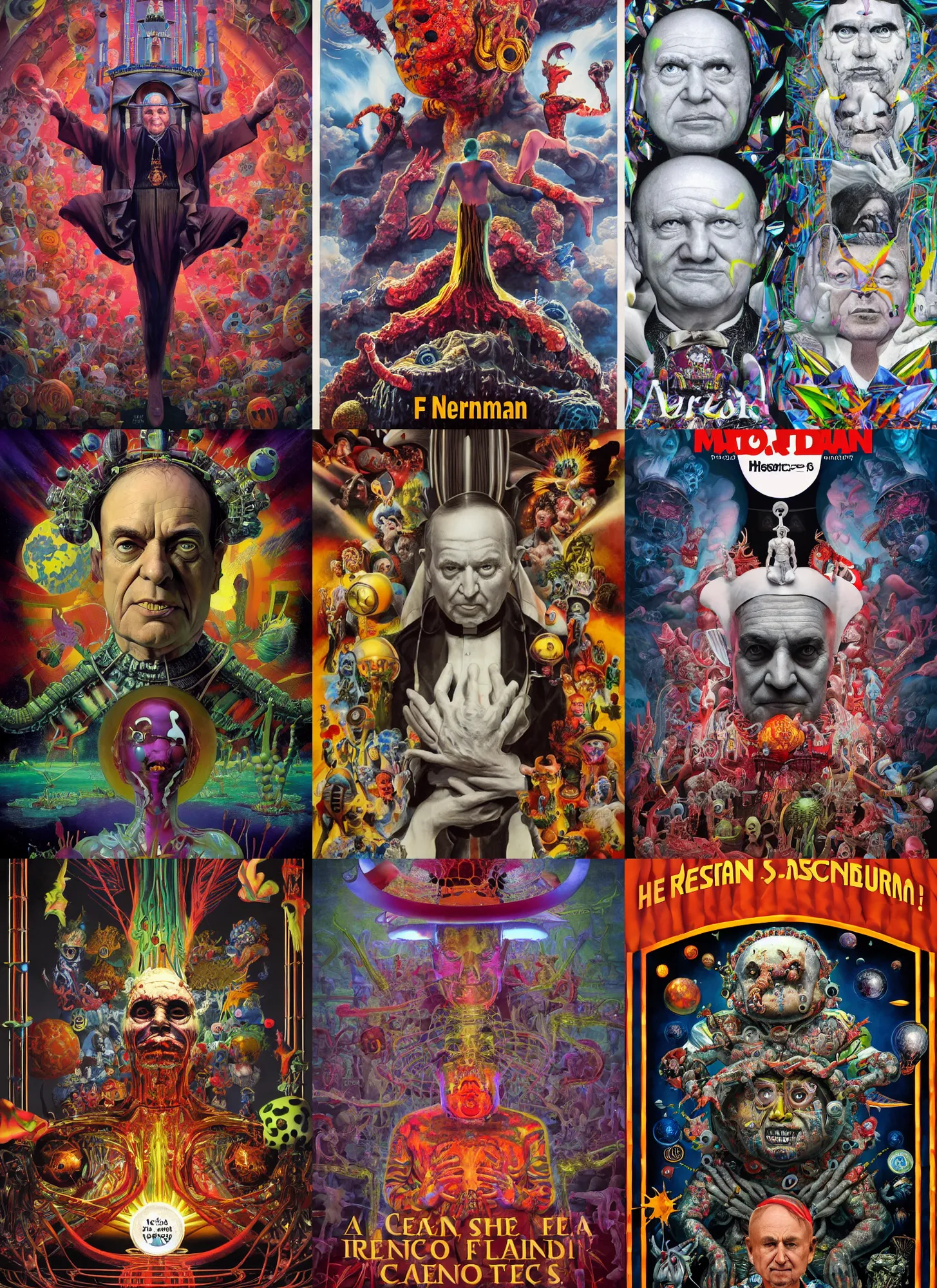 Prompt: a poster artwork by Peter Andrew Jones and Mark Ryden and Al Feldstein, Yayoi Kusama, Henry Justice Ford, El Papa Francisco es un cientifico, en donde la ciencia es la nueva religion , clean, iridiscense, Houdini algorithmic generative render, sharp focus, octane render 8k