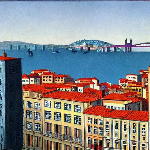 Prompt: Porto skyline, painting by rene magritte, high detail, high resolution