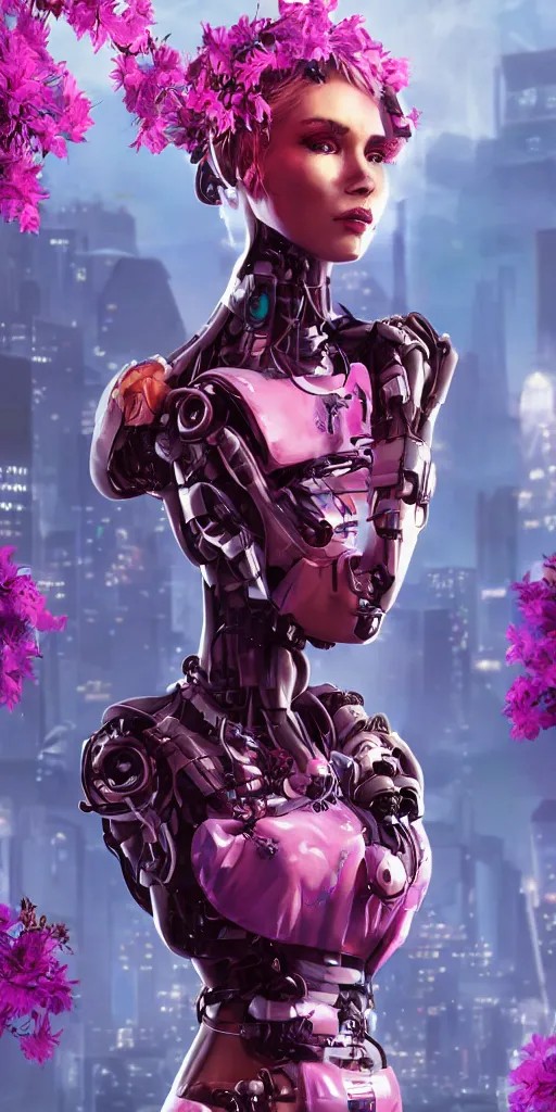 Image similar to Cyber punk 2077 robot girl, very beautiful portrait, Detroit game style, woman wrapped in flowers lily, photorealism