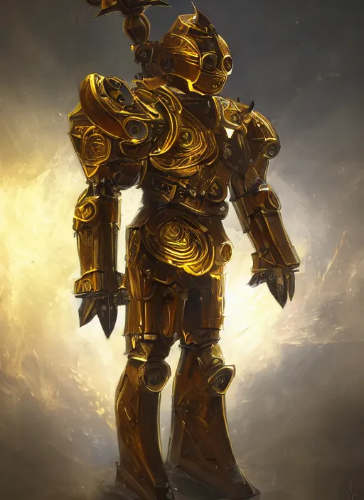 Prompt: dynamic attack position abstract portrait of a intricate glorious holy mechanical warforged character in yellow armor holding a paladin engraved great longsword drawn and carrying a big paladin shield, PAR can lighting , face in focus, epic , trending on ArtStation, masterpiece, cinematic lighting, by Ross Tran and by Greg Rutkowski