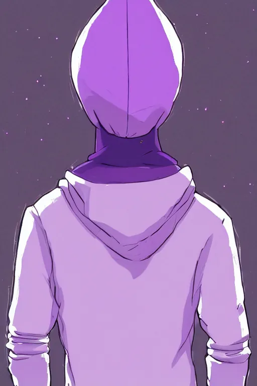 Image similar to young man in a purple hoodie, back view, messy short brown hair, colourful, 8 k, anime, ghibli style, graphic novel, digital art trending on artstation