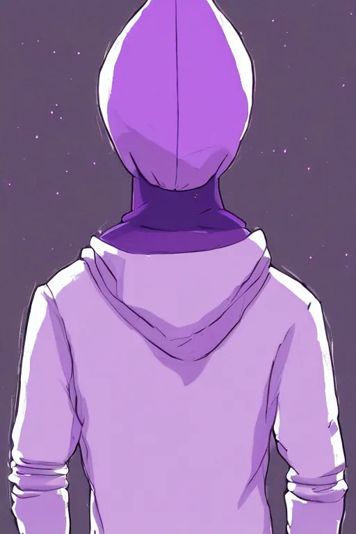 Prompt: young man in a purple hoodie, back view, messy short brown hair, colourful, 8 k, anime, ghibli style, graphic novel, digital art trending on artstation