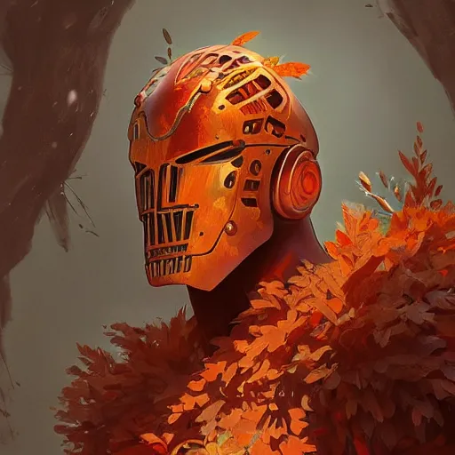 Image similar to Portrait of a Warforged Druid, tree like, orange red foliage, fierce, highly detailed, digital painting, artstation, concept art, smooth, sharp focus, illustration, art by artgerm and greg rutkowski and alphonse mucha